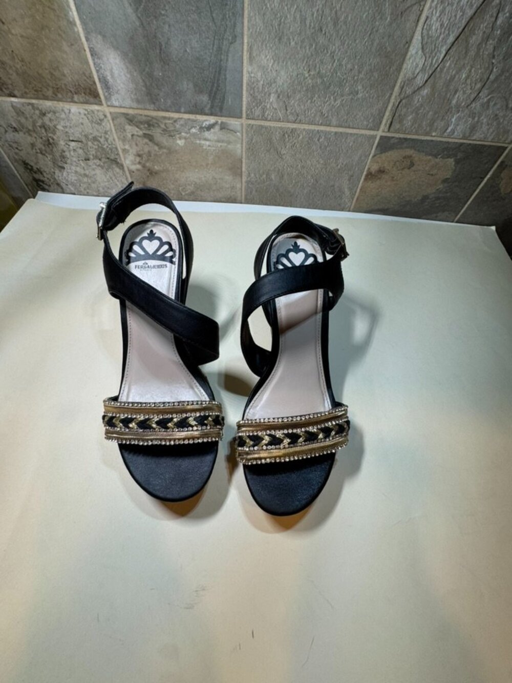 Fergalicious by Fergie Black Gold Jeweled Wedge Sandals Size 8